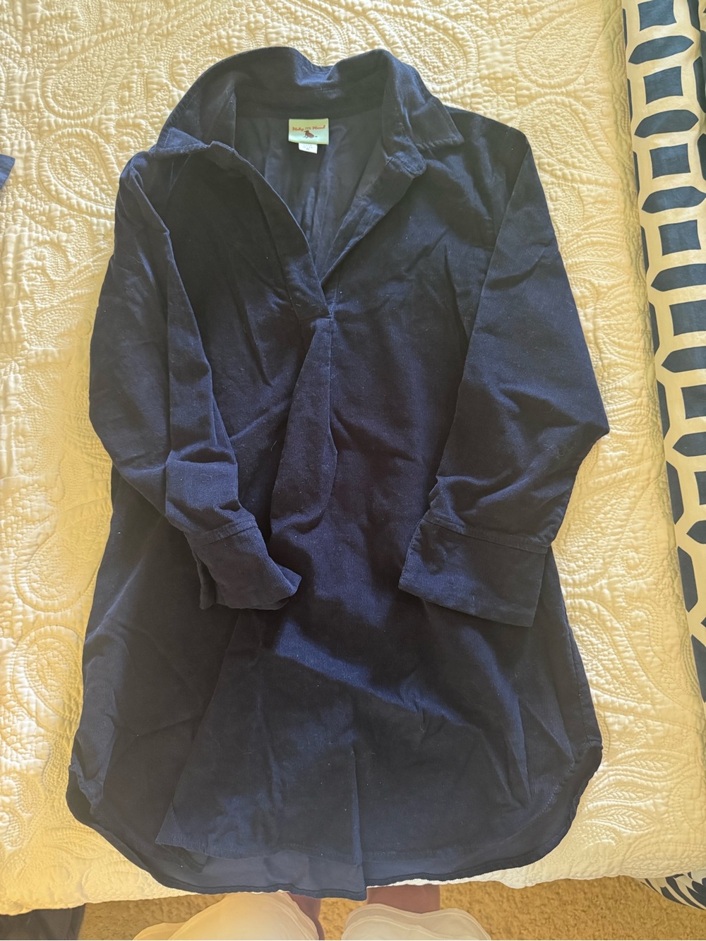 Women's Navy Blue Corduroy Tunic Top - Classic Collared Style